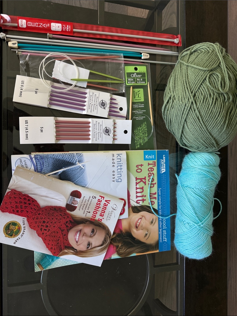 Assorted Knitting Needles, Yarn & Beginner Knitting Books - Sage Green & Aqua